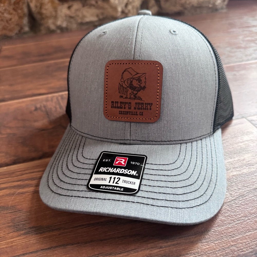 Official Riley’s Jerky Gray Leather Patch Trucker hat NWT